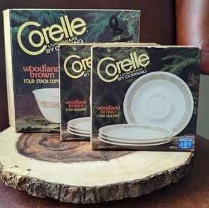 SOLD Vintage Corelle "Woodland Brown" set of 8 plates and 8 stacking cups